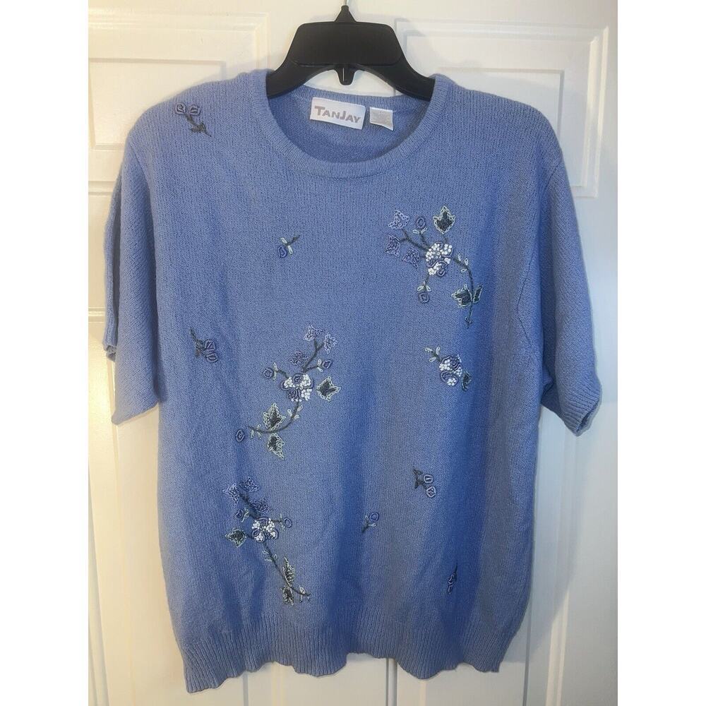 Tan Jay Acrylic Vintage Knit Sweater Shirt Women’s Large Embroidered Winter Blue